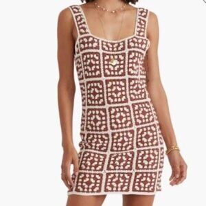 MARINE LAYER Women's Celeste Crochet Mini Dress Brown White Square Neck Med NWT